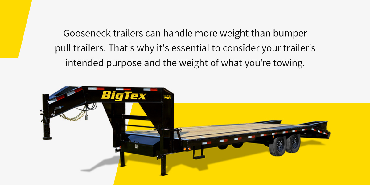Gooseneck trailers can handle more weight than bumper pull trailers. That's why it's essential to consider your trailer's inteded purposed and the weight of what you're towing.
