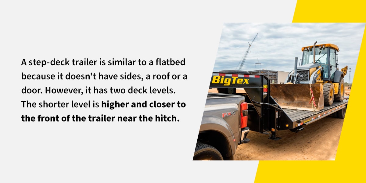 A step-deck trailer is similar to a flatbed because it doesn't have sides, a roof or a door. However, it has two deck levels. The short level is higher and closer to the front of the trailer near the hitch.