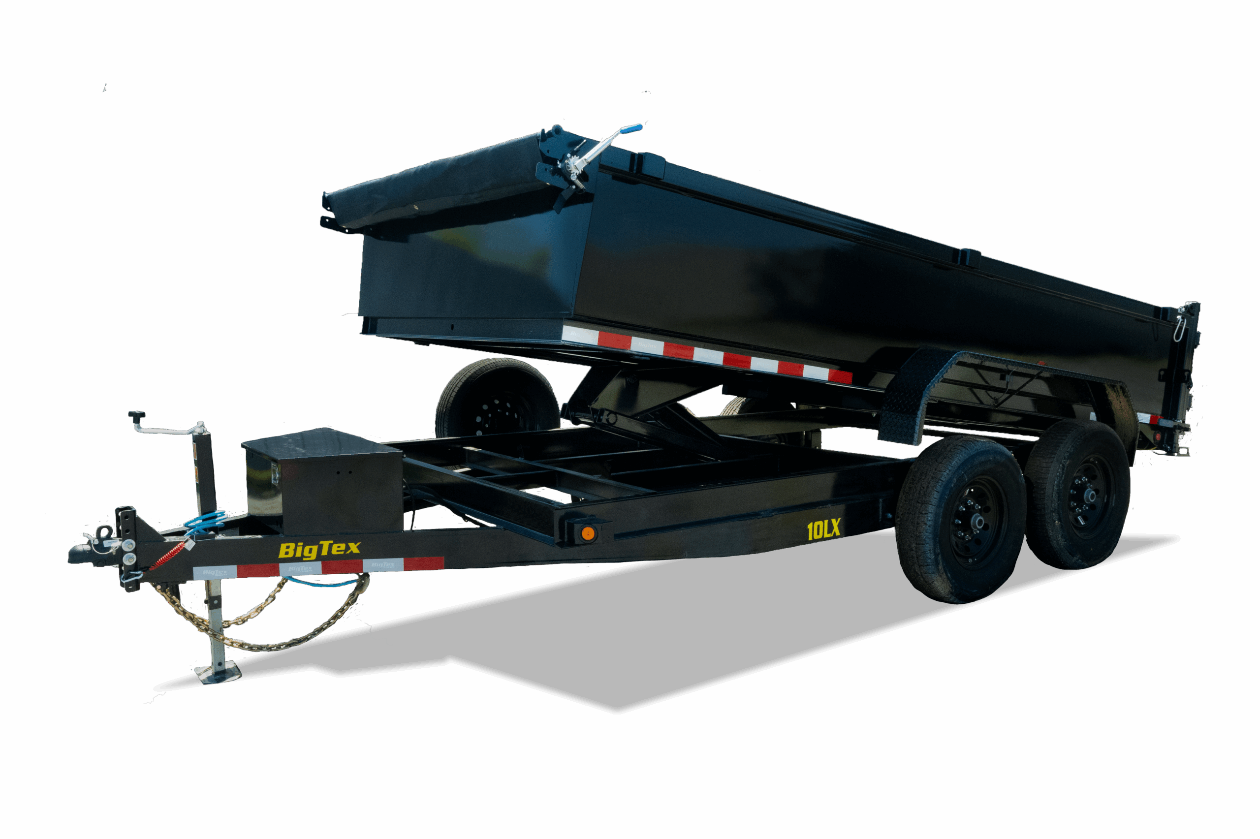 10LX Tandem Axle Dump Trailer with 83-inch wide bed, hydraulic scissor hoist, and slide-in ramps for hauling heavy equipment and aggregate.