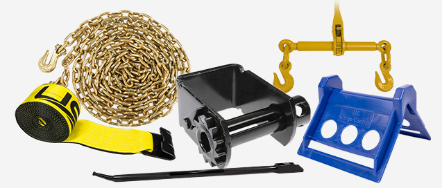 Cargo control and load securement accessories including a chain, tie-down strap, winch, tensioning bar, and protective equipment.